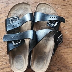 Black Double Strap Sandals with Buckles